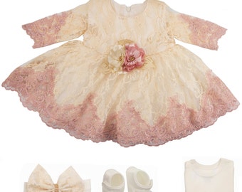 Lace Newborn Dress Set: Christening Gown, Headband, Shoes, Bodysuit (0-3M)