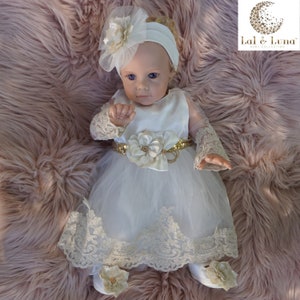 Newborn Lace Dress Set: Gold-White Christening Gown, Headband & Shoes