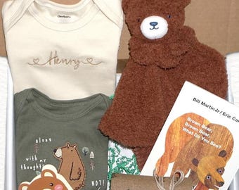 Conjunto de regalo personalizado para osito bebé: mono bordado, manta y libro