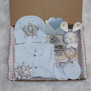 Deluxe Baby Gift Box, Baby Boy Crown Thema Cadeau, Doop Cadeau, Welkom Baby Cadeau, Baby Douche Uniek Cadeau, Bunny Haak Biologisch Speelgoed