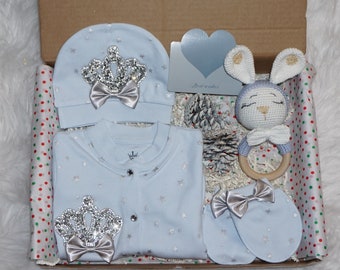 Caja de regalo de lujo para bebé, regalo con temática de corona para bebé niño, regalo de bautismo, regalo de bienvenida, regalo único para baby shower, juguete orgánico de ganchillo con forma de conejito.