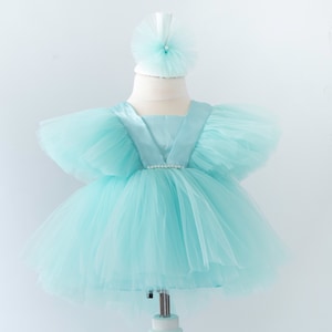 Baby Girl Tutu Dress Gift Set with Tights, Headband, Soft Infant Shoes, 4pc Outfit (0-3 Months, 3-6 Months, Light Turquoise)