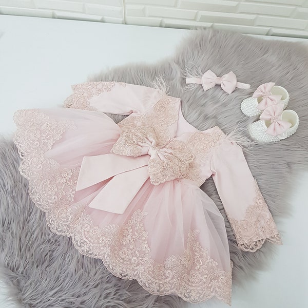 Blush Pink flower Girl Dress with shoes-headband, 1st Birthday Dress,Lace Birthday Dress, Toddler Birthday,Baby Girl Special Occasion Dress.