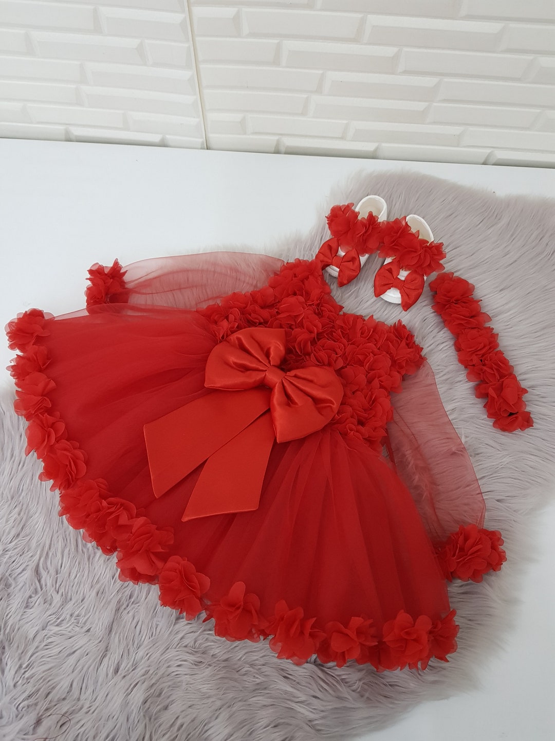 Baby Girl Red Christmas Dress Set, First Christmas Dress, Red Flower