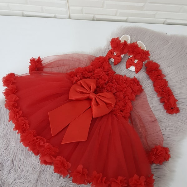Baby Girl Red Christmas Dress Set, First christmas Dress, Red flower Dress for Baby Girl, Toddler outfit for Christmas, tulle holiday dress,