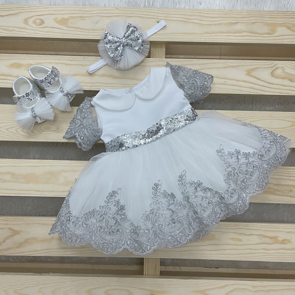 Silver Sparkling Sequins Dress ,Girl White Lace Dress Girl Wedding Dress Girl Frist Birthday Dress .Glittering Sequins Dress for Baby