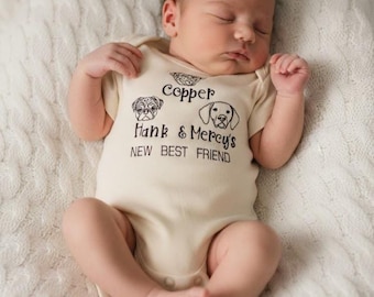 Custom Pet Portrait with Pet name Onesie® for 3 Dog Owners,Embroidered New Best Friend Onesie®  Protected By Dog Onesie®,Baby Announcement,