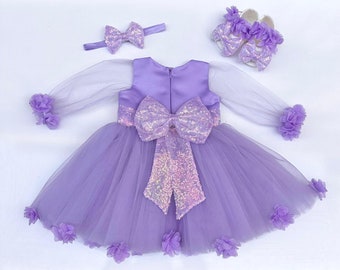 Lilac Flower Girl Dress with Shoes and Headband, Lavender Birthday Dress , Boho Dress for Baby Girl, Toddler Lilac Dress  with 3 D Flowers,