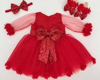 Christmas Photoshoot -Baby Girl Red Dress First christmas Dress Red flower Dress for Baby Girl, Toddler outfit for Christmas, holiday dress,