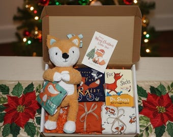 Regalo para el primer bebé en Navidad, caja de regalo de zorro para bebé, paquete navideño acogedor, adorable temática de zorro / Regalo navideño listo para regalar