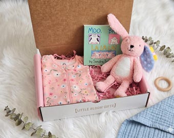 Baby Girl Welcome Gift Box | Infant Floral Sleepsuit and Soft Toy and book Set | Unique Baby Shower Gift Ideas  | Luxury Baby Hamper