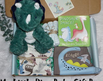 Set de regalo de dinosaurio para bebés varones, regalo de bienvenida, regalo único para bebés, caja de regalo para baby shower, regalo para nuevos padres, set para recién nacidos.