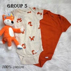 May include: Two baby onesies, one with a fox print and the other solid orange. The onesies are made of 100% cotton. The text "GROUP 5" is visible in the top left corner of the image.