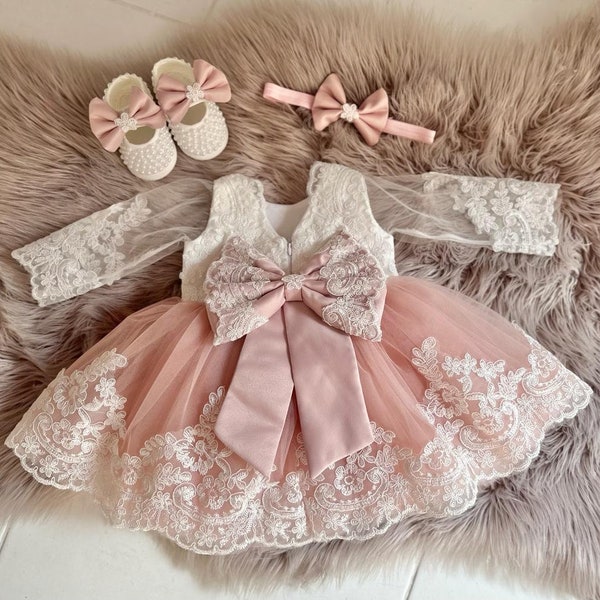 Dusty Rose Mädchen Kleid mit Schuhe und Stirnband Rosa ersten Geburtstag Kleid Kleinkind Geburtstag, Baby Girl Kleid für besondere Anlässe, Festzug Baby Kleid