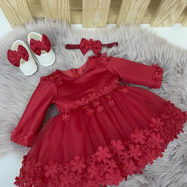 Ensemble robe de Noël pour bébé fille, robe de premier Noël, robe rouge pour petite fille, tenue de Noël pour tout-petit, robe de premier anniversaire, robe à fleurs