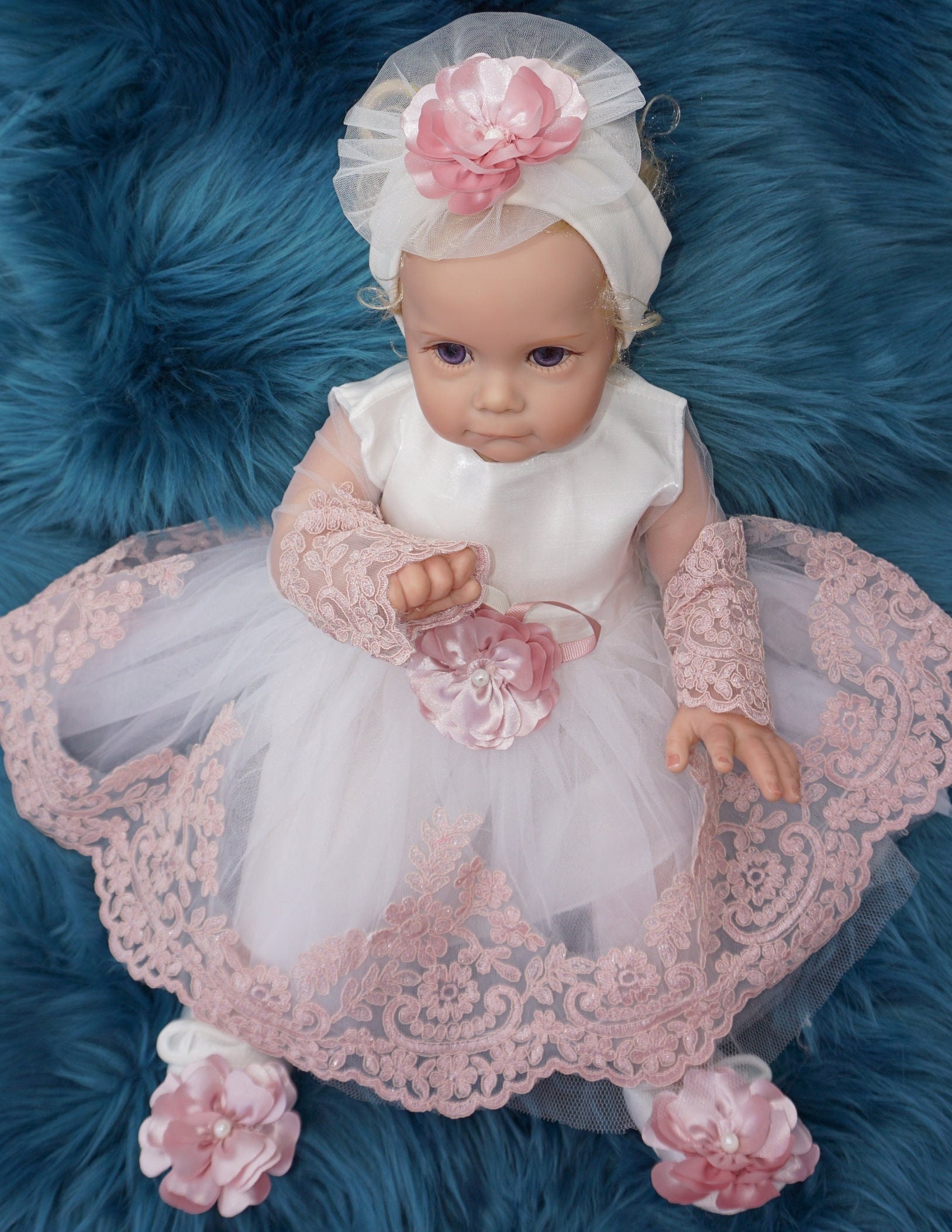 Baby Girl Lace Dress Set: Christening Gown, Headband & Shoes (0-3M)