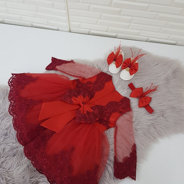 Christmas Holiday Girl Dress Set , First christmas Dress, Red lace Dress for Baby Girl, Toddler outfit for Christmas,First Birthday Dress,