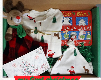 Baby's First Christmas Gift Box, Gender Neutral Baby Christmas Present, Baby Gift Set ,''Santa Helper ''Baby Theme Gift Box ,Ready to Send