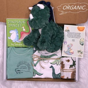Coffret cadeau bio pour bébé garçon : peluche dinosaure et grenouillères