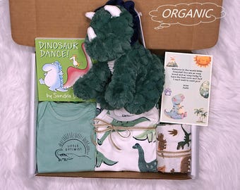 Conjunto de regalo orgánico para bebé niño: Peluche de dinosaurio y body.