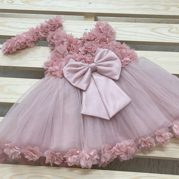 Dark dusty pink flower girl dress, Bohemian birthday dress, Boho Dress for Baby Girl, Toddler flower dress, baby dress with 3D flowers