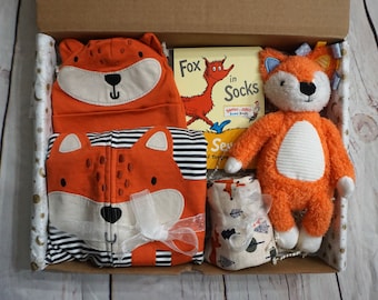 Baby Shower Gift,Long Sleeve Cotton Footed Sleep and Play with Hat for Newborn, Fox Theme Gift Box for Baby Boy, Welcome Home Gift