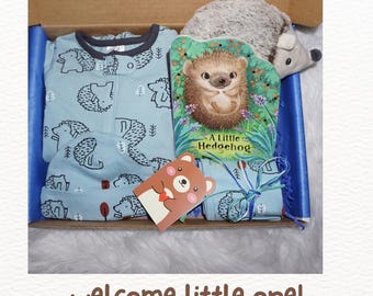 Set de regalo con temática de erizo para bebé niño, caja de regalo de bienvenida, regalo único para bebé, caja de regalo para baby shower, set de regalo para recién nacido, body, libro, juguete
