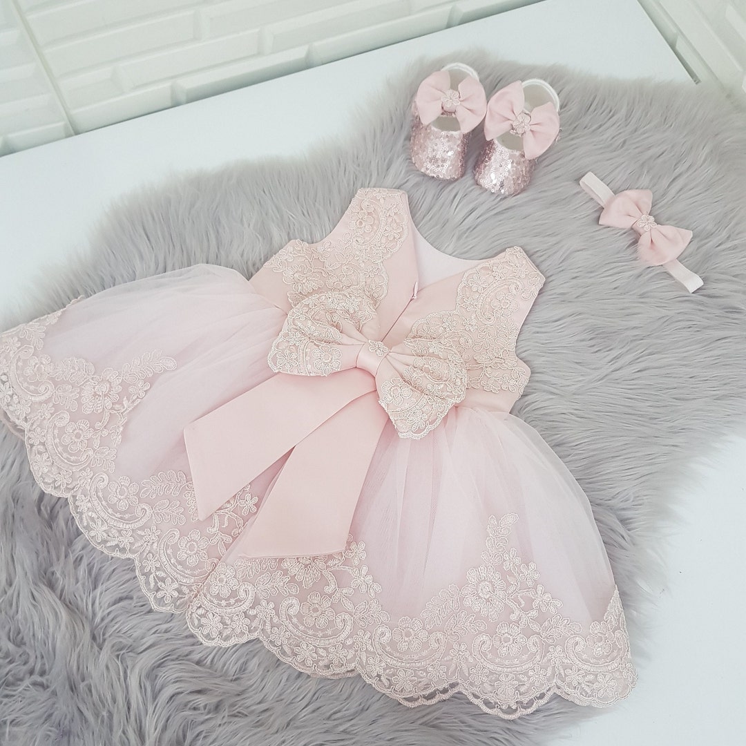 Blush Pink Girl Dress Set ,1st Birthday Dress, Pink Lace Dress for Baby