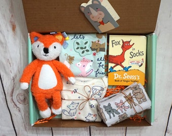 Caja de regalo para niña, conjunto de regalos temáticos de zorro para niña, regalo de bienvenida para bebés, regalo único para bebés, caja de regalo para baby shower, regalo para nuevos padres, regalo lindo