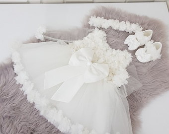 Vestido de bautismo para niña, vestido de niña de flores blanco, conjunto completo con zapatos y diadema, vestido de novia para niña, vestido de primer cumpleaños.