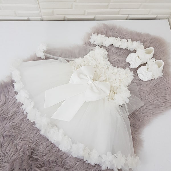 Baptism Dress for Baby Girl White Flower Girl Dress Complete Set with Shoes and Headband Girl Wedding Dress,Frist Birthday Dress..