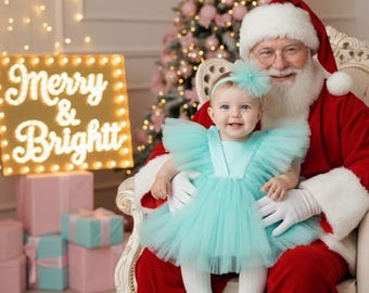 Christmas Santa Lap Photo Outfit, Newborn Holiday Photo Shoot Outfit, Baby Girl Christmas  Aqua Blue Dress with Matching Headband and Tights