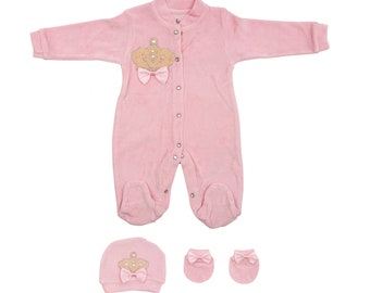 Baby Girl-3 Pc Crown Jewel Cotton Outfit, Footie with Hat and Mittens (Pink\Pearl  0-3, 3-6 Months)