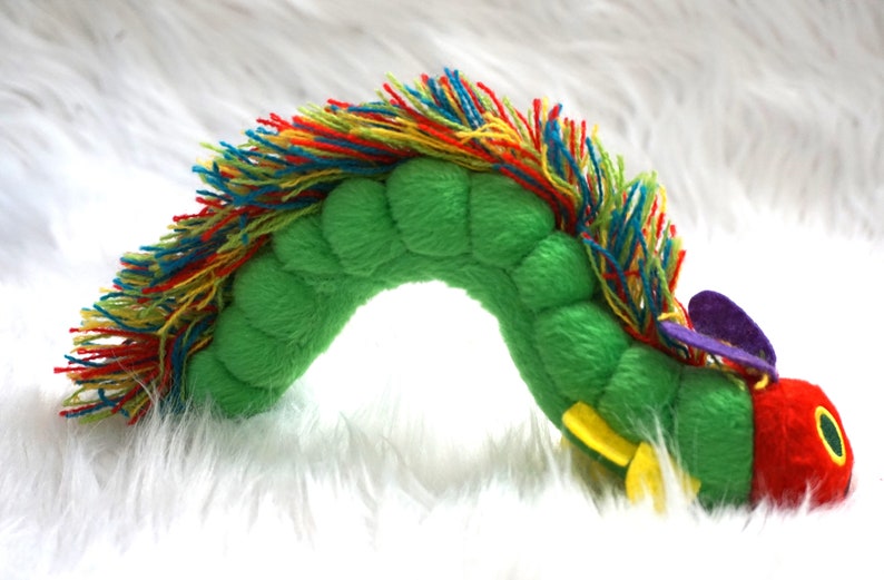 May include: A green plush caterpillar toy with a rainbow-colored mane and a red head with a purple and yellow butterfly wing.