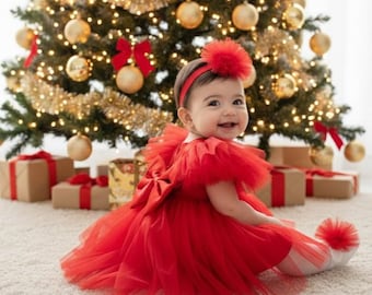 Baby Girl First Christmas Red Satin & Tulle  Dress –Holiday Photo Shoot Outfit 0‑3 M - 3‑6 M, Newborn Christmas Gift Dress, Holiday Keepsake