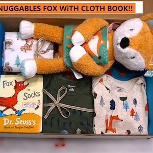 Cadeauset babyjongen vos thema, groot formaat vos met stoffen boek, welkomstcadeau baby, uniek babycadeau, geschenkdoos babyshower, cadeau voor nieuwe ouders,