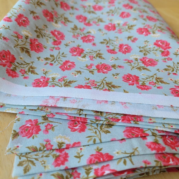 Fabric Remnant - Pale Blue Hot Pink Flower Cotton 1.5 Yds