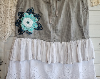 Jupe upcyclée grise 100% lin pour femme, taille XL