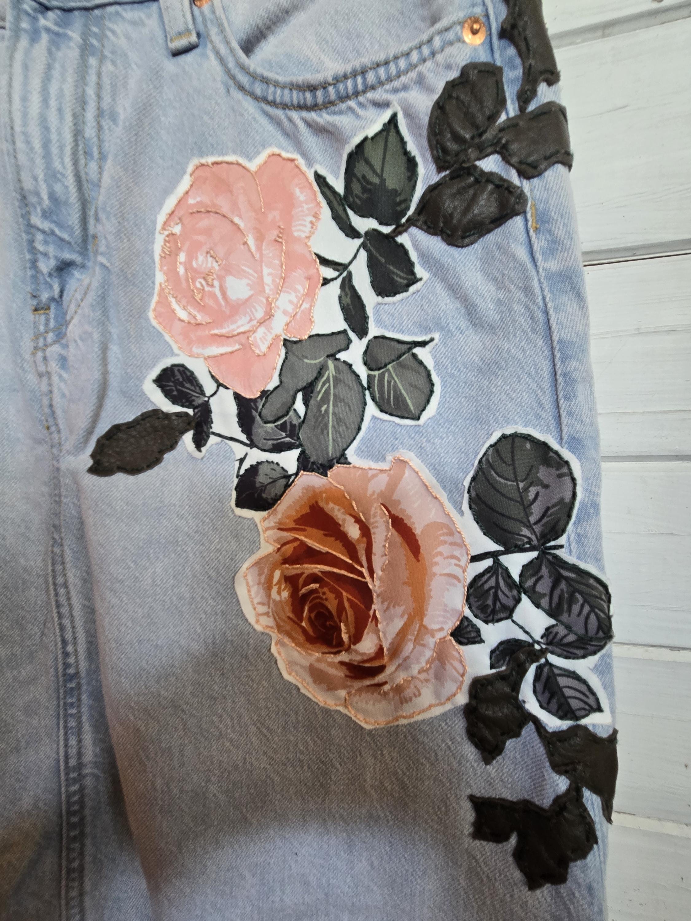 Women's H&M Long Light Denim Floral Upcycle Slit Skirt, Size M - Etsy