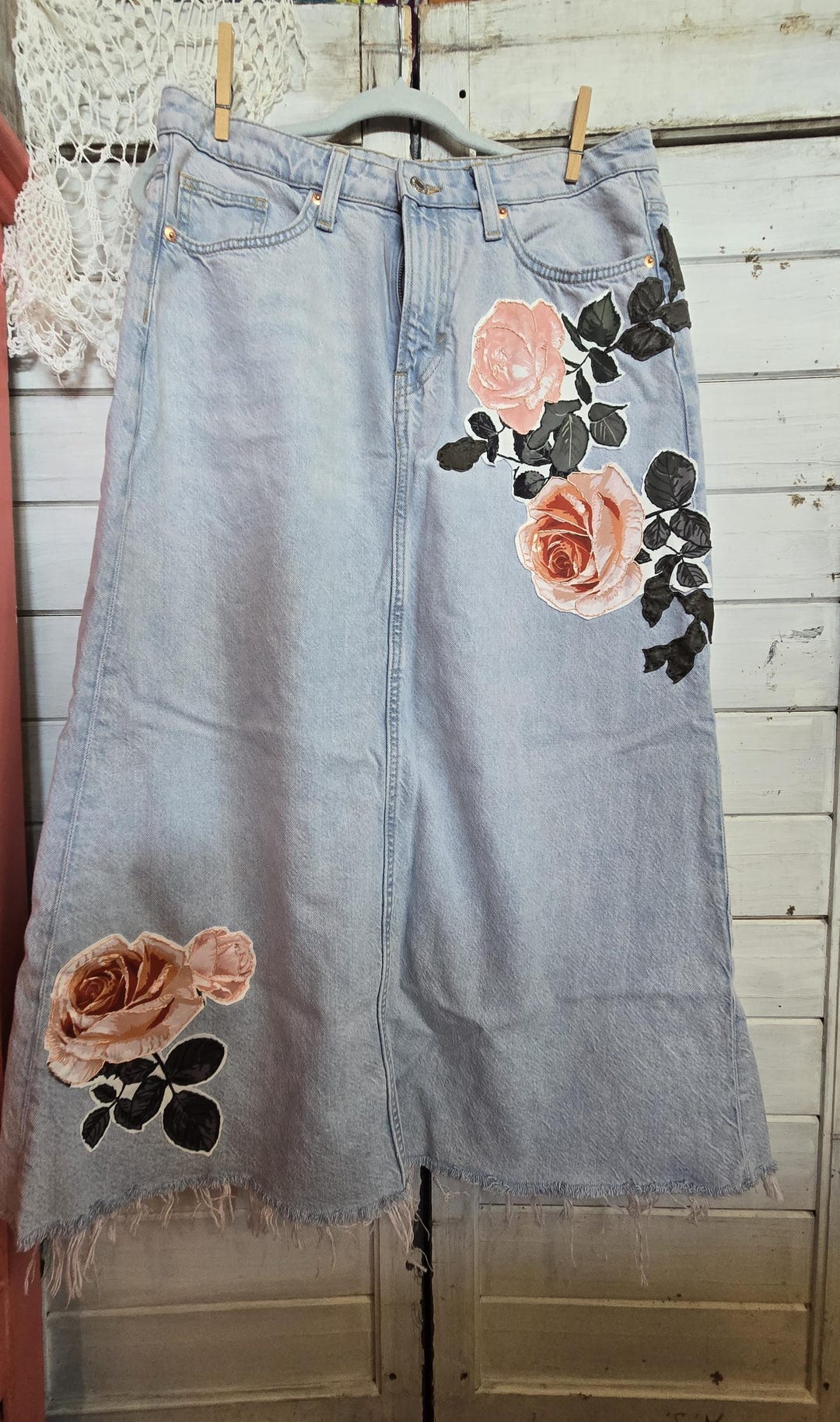 Women's H&M Long Light Denim Floral Upcycle Slit Skirt, Size M - Etsy