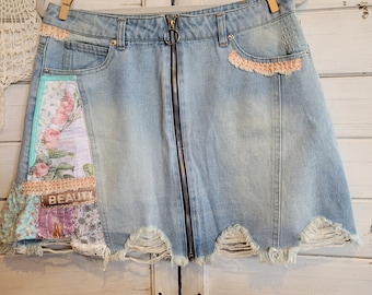 NOUVEAU Femme Light Denim Pastel Beauty Upcycle Jupe Taille 32 »