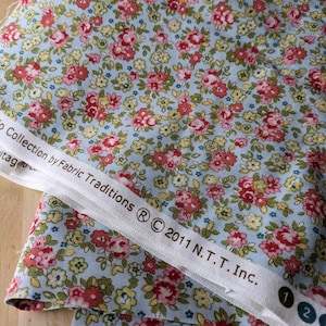 Fabric Remnant - Light Blue with Pink Yellow Flowers Cotton Fabric, 1.2 Yds