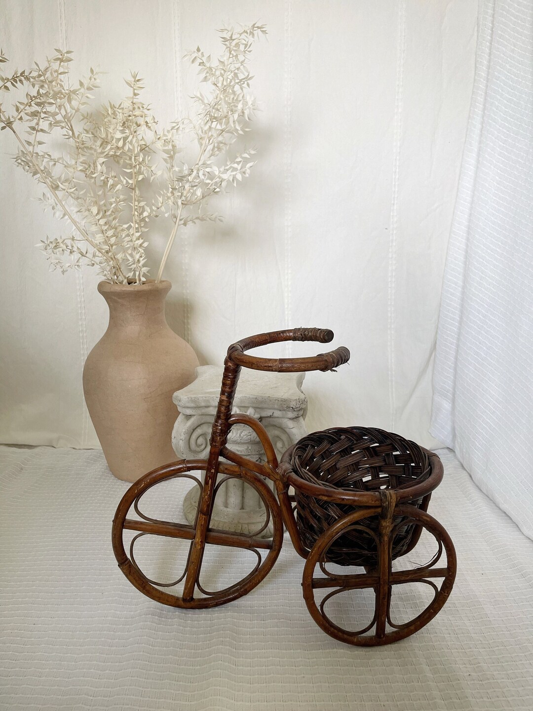 Vintage Tricycle Wicker and Bamboo Basket Holder Etsy