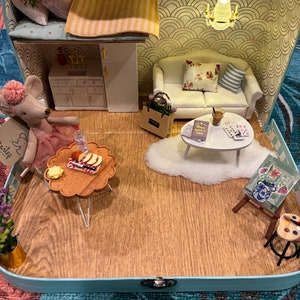 Large Dollhouse in a Suitcase, Miniature furniture in 1:12 scale, Maileg mouse house blue box boho mouse travel suitcase gift Dollhouse