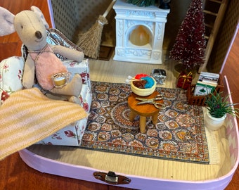 Small Dollhouse in a Suitcase, Miniature furniture in 1:12 scale, Maileg mouse house pink box christmas/holiday dollhouse Christmas gift