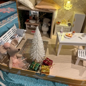 Large Dollhouse in a Suitcase, Miniature furniture in 1:12 scale, Maileg mouse house orange box mouse travel suitcase Christmas dollhouse