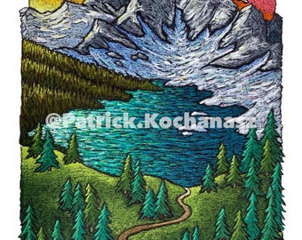 May include: A detailed illustration of a mountain landscape with a lake and a winding path. The artwork features a mountain range with snow, a turquoise lake, and a path through a green forest. The sky transitions from orange to pink. The artist's name is visible.
