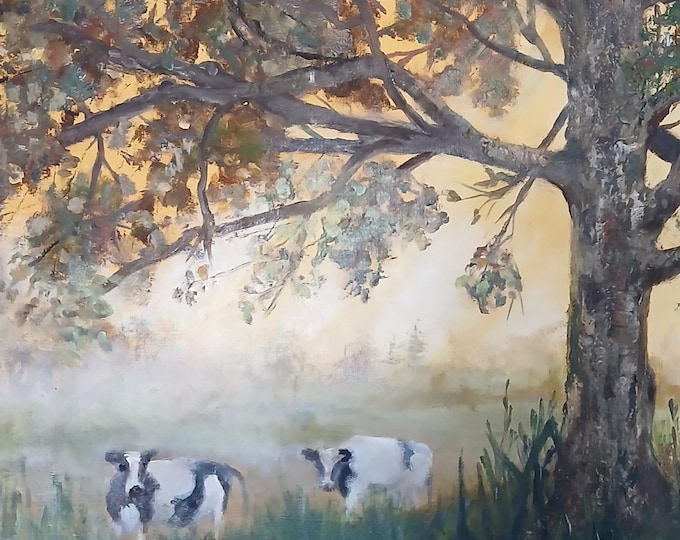 Featured listing image: Original Oil Painting, Cows in Early Morning Mist, 16X20 canvas, Framed Ready to Hang