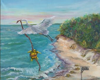 Whimsical Sea Turtle Flying Lessons Oil Painting: Quirky Seabird Art