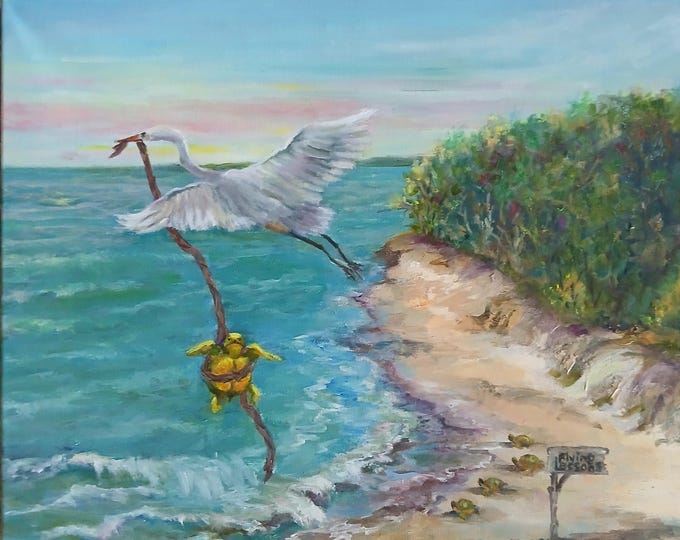 Featured listing image: Whimsical Sea Turtle Flying Lessons Oil Painting: Quirky Seabird Art